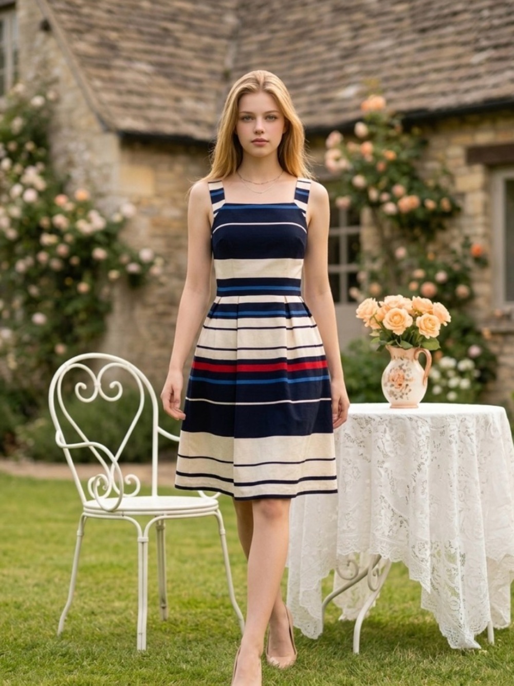 Adrianna Papell Navy, Royal, Cream & Red Striped Sleeveless Midi Dress Sz 6